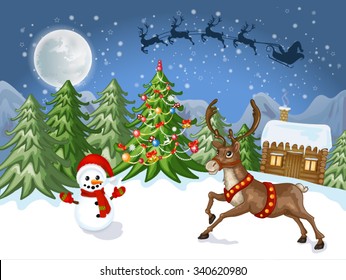Merry Christmas Card. Illustration white Christmas house, Christmas tree , ,Santa Claus and snowman