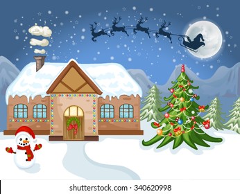 Merry Christmas Card. Illustration white Christmas house, Christmas tree ,Santa Claus and snowman