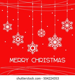 Merry christmas card.  Inscription with snowflakes on a red background.