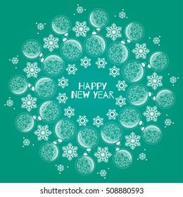 Merry christmas card. Inscription with snowflakes and balls on a blue background.