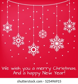 Merry christmas card. Inscription with snowflakes on a red background.