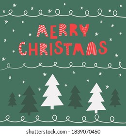 Merry Christmas card with inscriptions on the background of the winter forest. Scandinavian style. Vector illustration, flat.