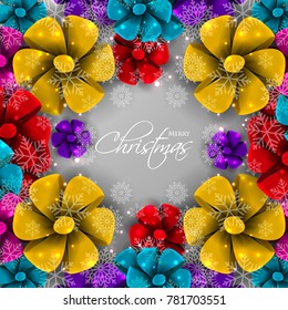 Merry christmas card invitation with colorful bow
