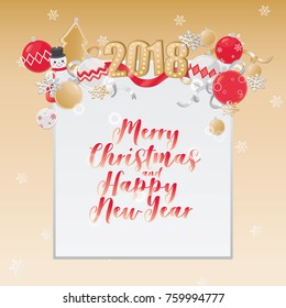 Merry christmas card invitation with cute decoration on gold background.