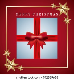 merry christmas card invitation gift wrapped ribbon bow  and gold stars