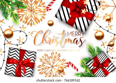 Merry Christmas Card invitation with gift box red bow gold balls and snowflake fir branch light garland