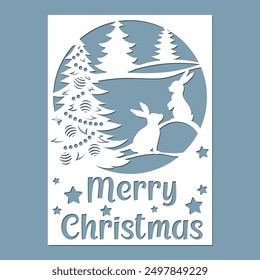 Merry Christmas card Laser cut template with Christmas tree and bunnies.