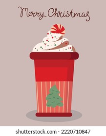 Merry Christmas Card with a latte in a disposable cup garnished with a whipped cream lid and Candy