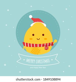 Merry Christmas card. Lemon character. Cute style lemon character. Lemon icon. Happy new year. Christmas fruit characters. Illustration vector.