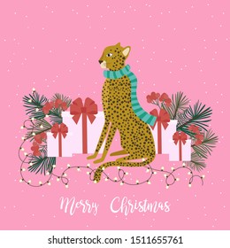 Merry Christmas card with leopard, gift boxes and christmas floral. Tropical Christmas greeting card. Editable vector illustration