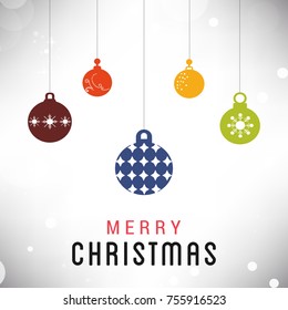 Merry Christmas card with lettering decoration hanging christmas balls. Great for greeting cards, party posters, banners. Vector illustration.
