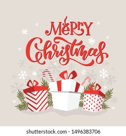 Merry Christmas card with lettering, gifts and winter elements. Vector illustration