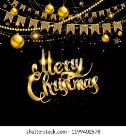 Merry Christmas card with lettering and glitter decoration. Black and gold background with hanging christmas balls. Great for greeting cards, party posters, banners. Vector illustration.