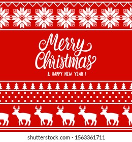 Merry Christmas card. Lettering inscription. Winter nordic texture with silhouette deer illustration. Vector stock holiday design white on red background. Seamless stripe pattern