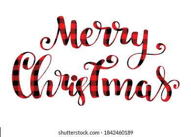 Merry Christmas card. Lettering inscription red tartan or lumberjack color pattern