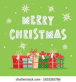 Merry christmas card with lettering and presents. Vector illustration in flat style