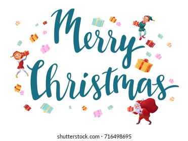 Merry christmas card with lettering, santa claus, elves, gifts, winter holidays greeting background with cartoon characters, cute elf boy and elf girl, vector illustration