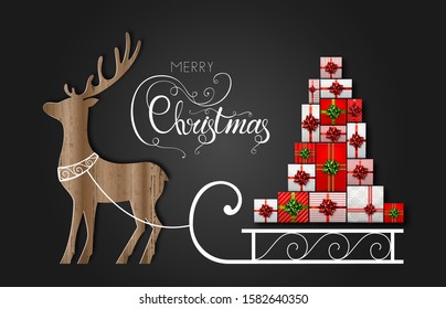 Merry Christmas card with lettering. Christmas tree made from gift boxes on Santa sleigh
