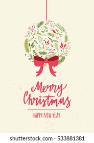 Merry Christmas card with lettering. Christmas wreath with holiday elements. Perfect for invitations, greeting cards, prints, flyers, posters etc.