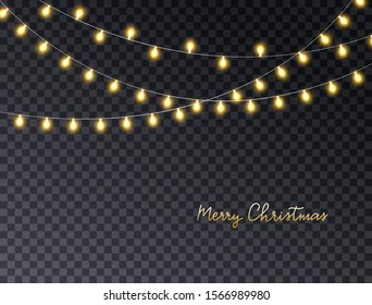 Merry Christmas card with lights isolated on dark transparent background. Glowing golden garland lights. Led neon lamp. Bright decoration for xmas cards, banners, posters, web design. Vector illustrat