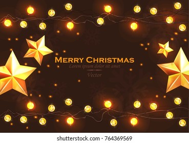 Merry Christmas card with lights Vector realistic illustration. Happy Holidays backgrounds