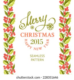 Merry christmas card with line border of misletoe wreath. Vector illustration.