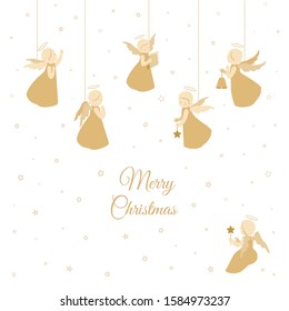 Merry Christmas card. Little angels with stars, bell, scroll isolated on a white background with snowflakes. Holiday vector stock design.