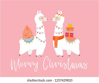 Merry Christmas card with Llamas or alpacas. Cute winter illustration  