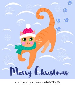 Merry Christmas card. Lovely red cat in a hat and scarf. Blue snowflake background. Universal print for the poster, flyer, invitation. Flat primitive style. Vector illustration EPS 8