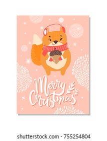 Merry Christmas, card made up of title decorated with berries, image of squirrel with scarf holding big acorn, snowy weather on vector illustration