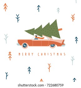 Merry Christmas card with men driving retro car carry a fir tree