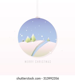 Merry Christmas card in minimal geometric design. Hanging Christmas ball ornament with white snowy landscape scenery, snowflakes, blue lake and green trees