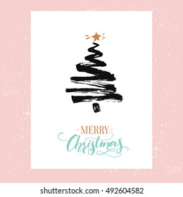 Merry Christmas card, minimalism design. Simple sketched fir tree and calligraphy text Merry Christmas. Black ink and gold colors at pink background.