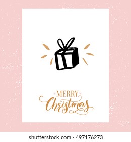 Merry Christmas card. Minimalistic design with hand drawn gift icon and ornate calligraphy text.