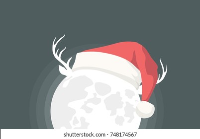 Merry Christmas Card With Moon and Reindeer Put on a Christmas hat.
 vector, illustration.