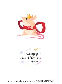Merry Christmas card with mouse princess in a big red bow. Mouse character dressed in costume gif, Christmas costume. Cute card design,  lettering - greetings, quotes. Holiday gift print.