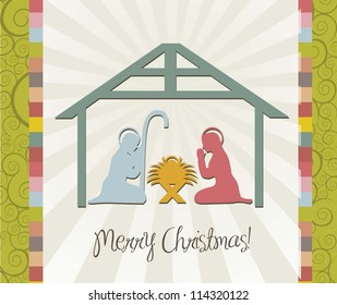 merry christmas card of nativity scene, vintage. vector