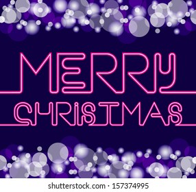 Merry Christmas Card with Neon Color and Bokeh Lighting Background