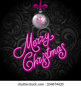 Merry Christmas Card with Neon Color and Bokeh Lighting Background