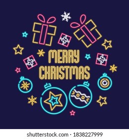 Merry Christmas card in neon style with design elements: snowflakes, present boxes, stars, Christmas balls. Light banner, neon signboard. Vector Illustration.