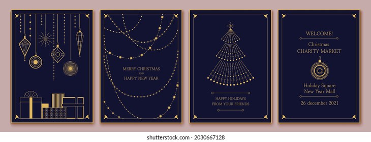 Merry Christmas card. New Year invitation design. Geometric line art style. Elegant holiday greeting card with Christmas decor, garland, gift, tree. 