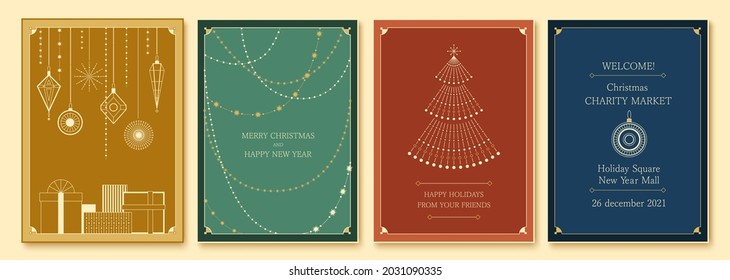 Feliz tarjeta navideña. Diseño de invitación de Año Nuevo. Estilo de arte de línea geométrica. Elegante tarjeta de saludo de vacaciones con decoración navideña, garland, regalo, árbol. 