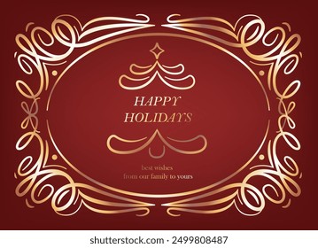 Merry Christmas card. New Year invitation design. Geometric line art style. Elegant holiday greeting card with Christmas decor, garland, gift, tree. Classical ornament, flourish. Elegant chic design.