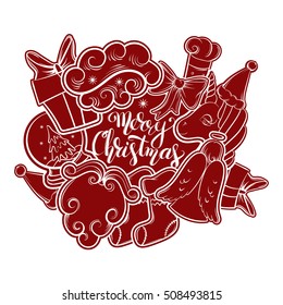 Merry christmas card. New year postcard. Fashion patch badges with bow, unicorn,  handwritten unique lettering, sock . Set of stickers, pins, patches in cartoon 80s-90s comic style