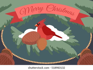 Merry christmas card with northern cardinal . Vector illustration.