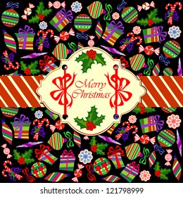 Merry Christmas Card with Christmas Objects on Black Background, Vector Version