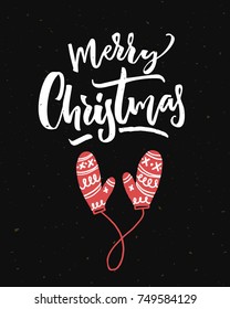 Merry Christmas card on black background with calligraphy and red mittens