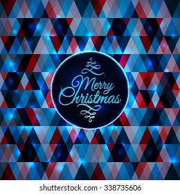 Merry Christmas card on blue geometric triangular abstract background with light disco effects