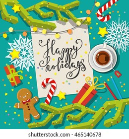 Merry Christmas card on blue background. Happy holidays. Flat design, vector illustration
