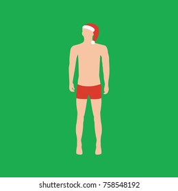 merry christmas card on a flat design green background & cartoon vector handsome man or white skinned male masked as santa claus isolated with hat & underpants